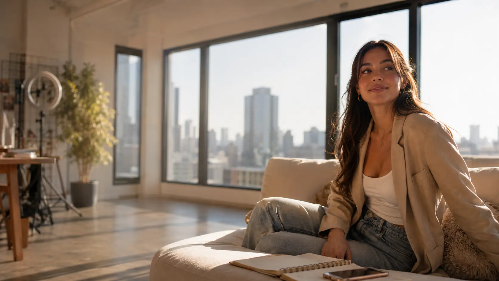 Young creator relaxing in a modern sunlit apartment with city views, representing the next step in her creator journey