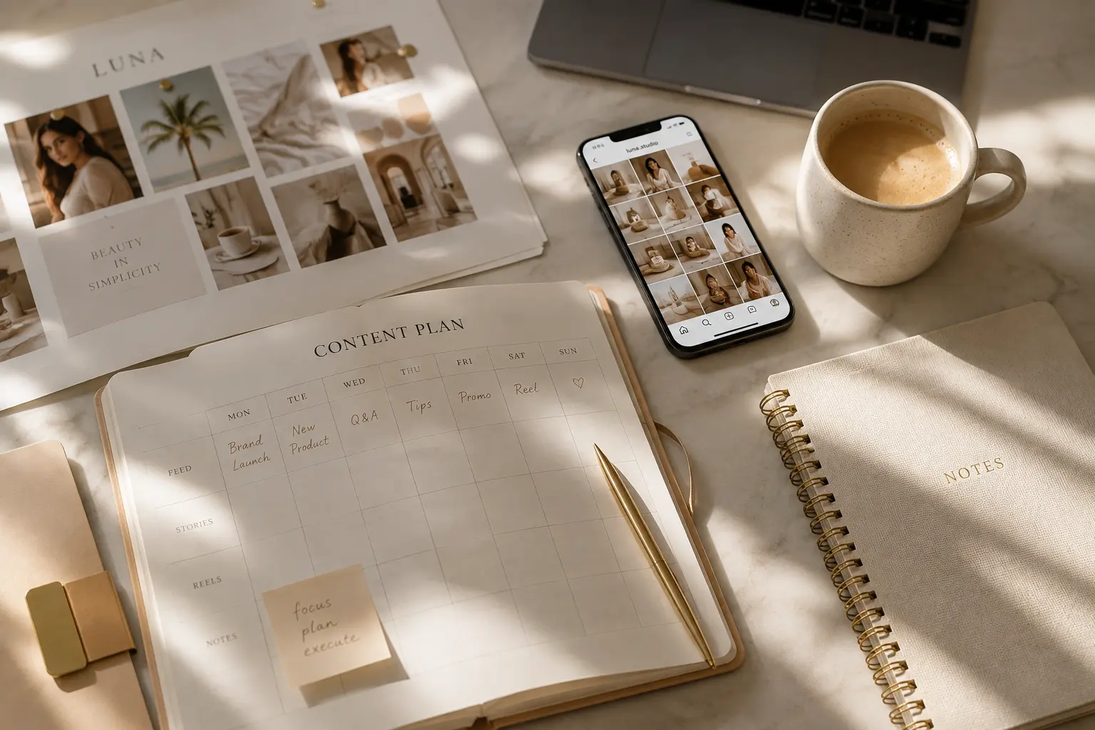 Beautiful content planning desk with planner, phone, and notebook for editorial scheduling