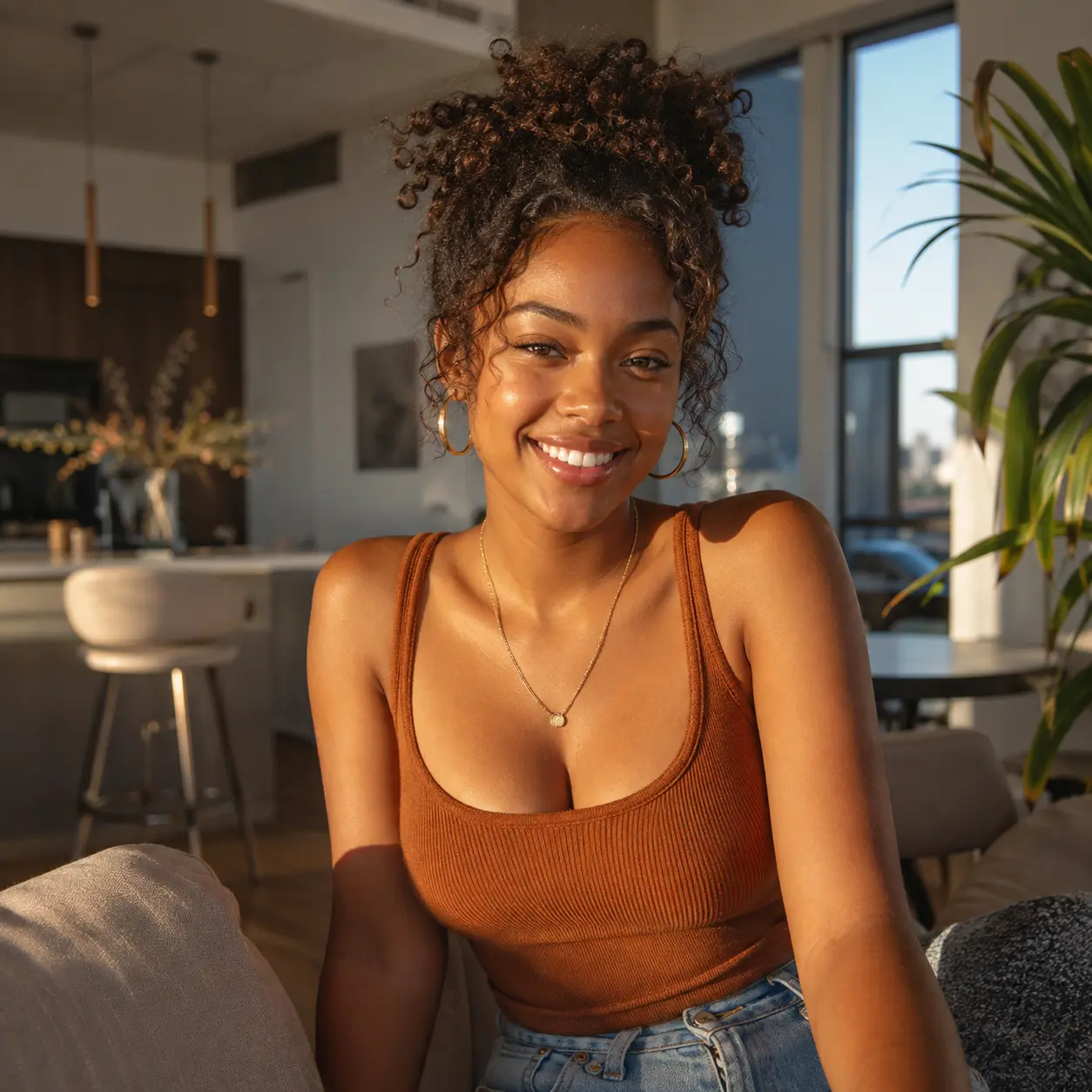 Portrait of a smiling young Black woman in warm natural light